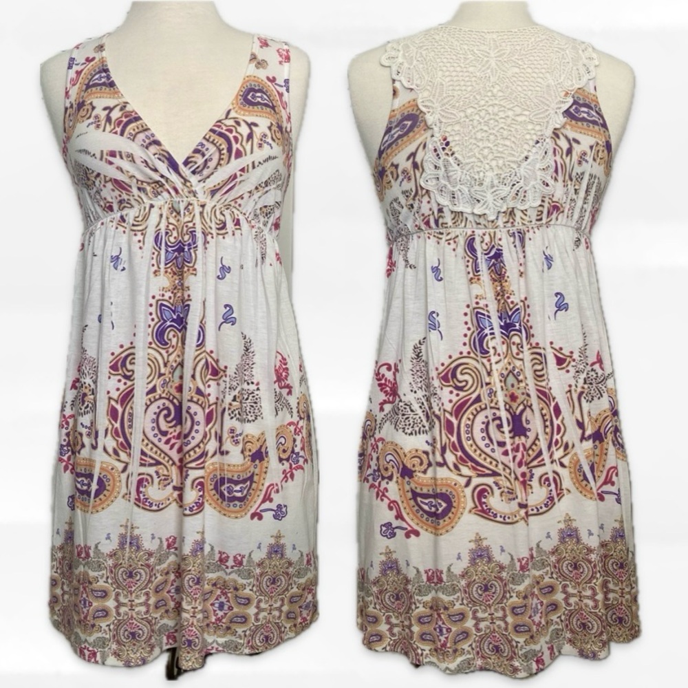 Y2K Vtg Crochet Back Mini Dress Paisley Desert Pastels S Small Forever 21